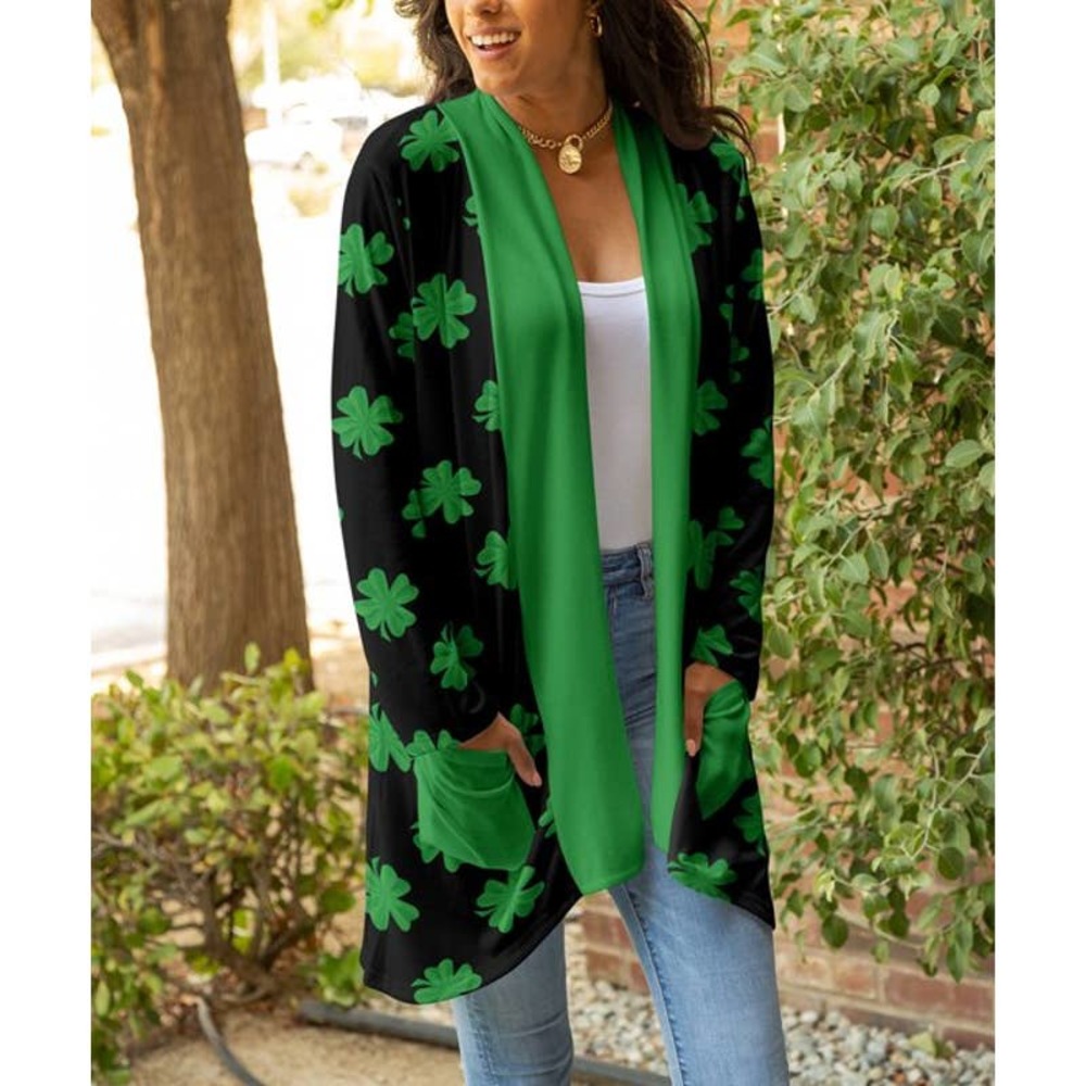 Sz 3X Lily Black & Green Clover Pocket Open Cardigan Women & Plus